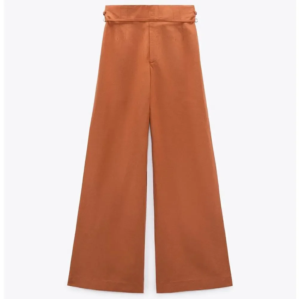 Zara Full Length Linen Blend Pants Brown